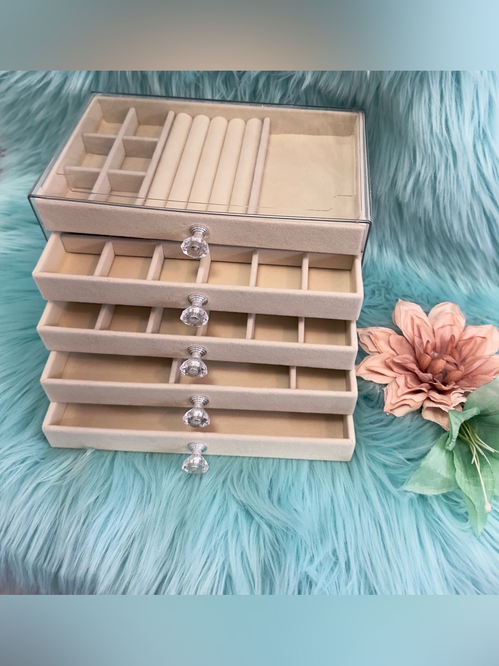 Jewelry Organizer 5 Drawer Crystal Accent Knobs Cream Velvet Drawers NEW!